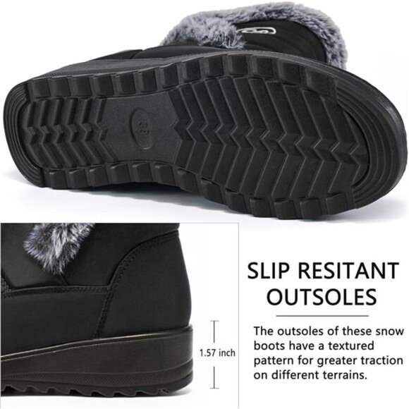 Women's Winter Snow Boots: Warm Fur Lined Zipper Ankle Booties, Black - Picture 5 of 6